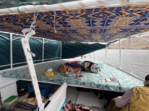 阿斯旺Felucca Sailing Boat Overnight Experience的一只狗睡在船上的甲板上