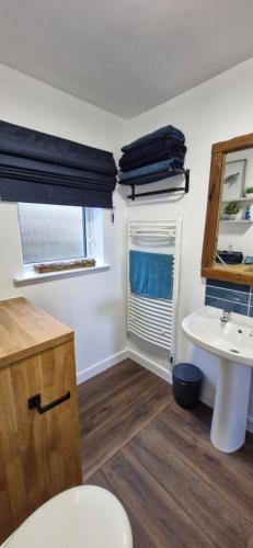 拉姆拉什Seaview cosy 2 bed home in Lamlash的一间带水槽和卫生间的浴室以及窗户。