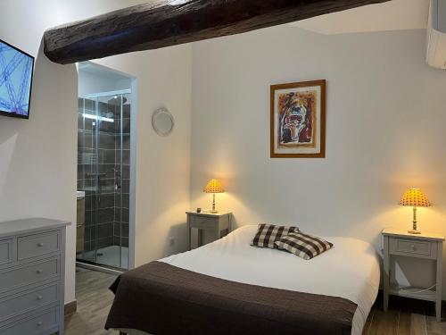 圣马迪拉莫曼纳德卡瓦利尼 - 马斯德皮奇酒店的一间卧室配有一张床、淋浴和两盏灯。