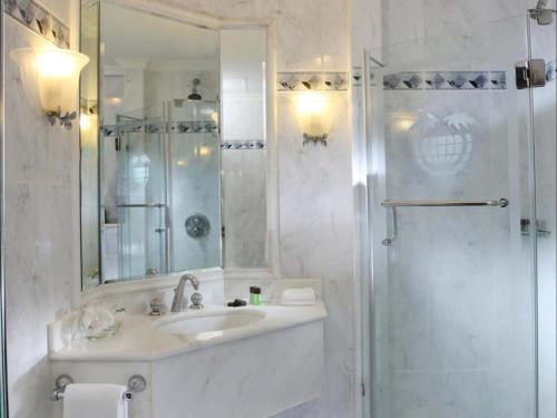 迪拜Knight Castle Hotel - Formerly known as Carlton Palace Hotel的浴室配有盥洗盆和带镜子的淋浴