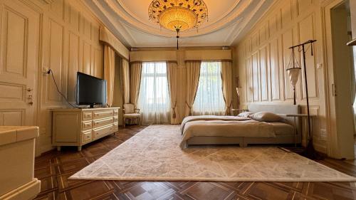 苏黎世Entire Zurich Villa, Your Private Luxury Escape的一间卧室配有一张床,墙上配有电视