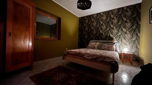 TiszaderzsFerienhaus am Theiß-See Bella的卧室配有一张床铺,位于带墙壁的房间