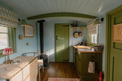 布莱奈费斯蒂尼奥格Barlwyd Glamping的厨房设有绿门和水槽