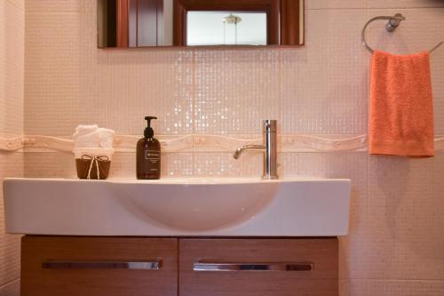 GastoúniKiki’s 3BD apt. with Citrus Garden & BBQ的浴室设有白色水槽和镜子