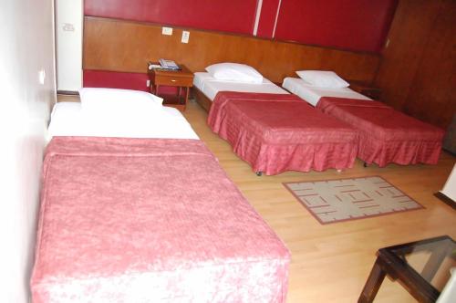 开罗开罗国王酒店的酒店客房的三张床,红色的盖子