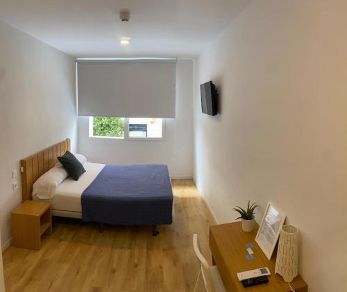 瓦伦西亚Nanit Valencia Hostel的一间卧室设有一张床、一个窗口和一张桌子