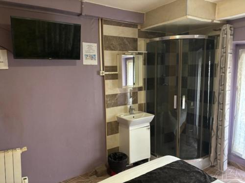 巴黎HOTEL DU CHATEAU的带淋浴和盥洗盆的浴室