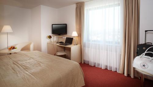 捷克布杰约维采捷克布杰约维采克拉丽奥酒店的酒店客房设有床和窗户。