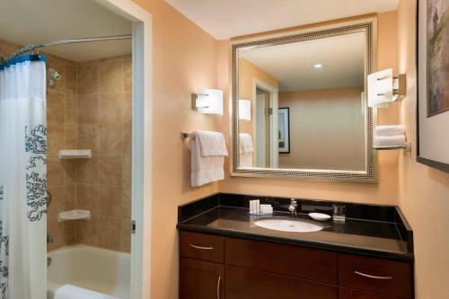 多伦多Residence Inn by Marriott Toronto Downtown / Entertainment District的一间带水槽、淋浴和镜子的浴室