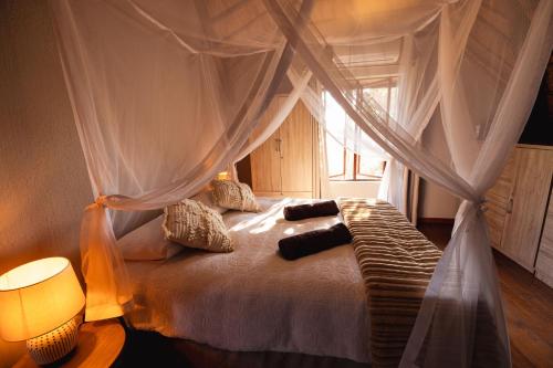 侯斯普瑞特Bushveld Jewel - Close to Kruger的一间卧室配有一张天蓬床和窗户
