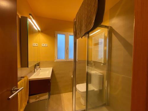马德里Cozy flat in central Madrid with garage的带淋浴、卫生间和盥洗盆的浴室
