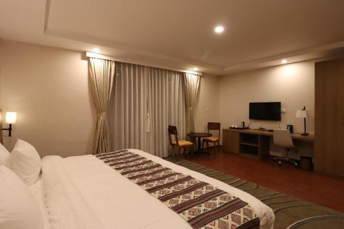 廷布Thimphu Deluxe Hotel的酒店客房配有一张床、一张书桌和一台电视。