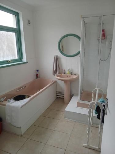 Llwyn-y-piaCottage Style in Ystrad, Double room的带浴缸和盥洗盆的浴室