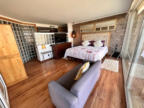 维纳德马Pacificsunset Reñaca的一间卧室配有一张床和一个沙发