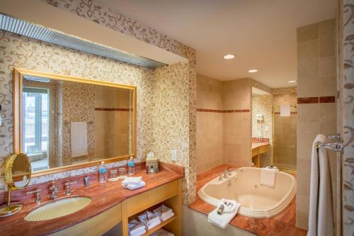 卡温顿Cincinnati Marriott at RiverCenter的一间带浴缸和大镜子的浴室