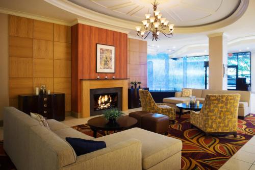 匹兹堡匹兹堡市中心万豪酒店的带沙发和壁炉的客厅