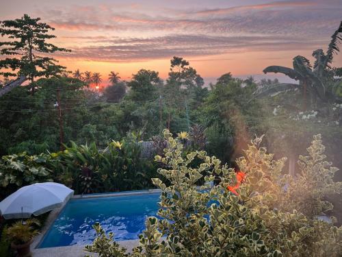 ClarinCasas de Ruumar Bed and Breakfast-Two rooms for family available的花园内的游泳池,背景是日落