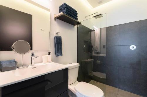 墨西哥城P302 Zocalo 3bdrm 2bath Rooftop AC的一间带水槽、卫生间和淋浴的浴室
