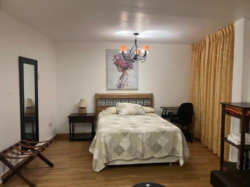 卡哈马卡Mini departamentos Miramar的一间卧室配有一张床和一个吊灯