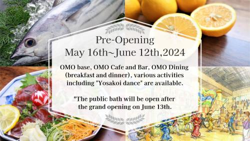 高知OMO7 Kochi by Hoshino Resorts的一张带鱼和食物照片的晚餐传单