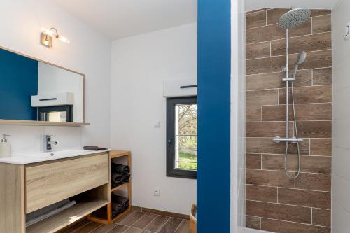 迪涅莱班Plaines-Provence Spa&Sauna的带淋浴和盥洗盆的浴室