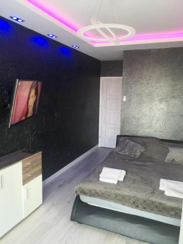 苏瓦乌基IGO-Apartament- 2 sypialnie i Salon的一间卧室配有一张紫色照明床