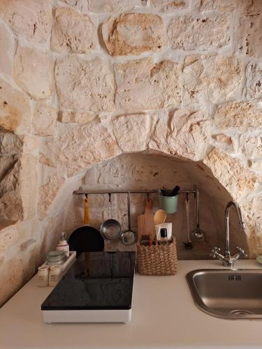 弗兰卡维拉丰塔纳Residenza Anima Mediterranea的厨房设有石墙和水槽