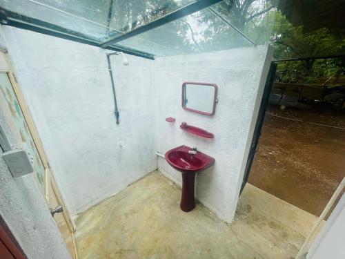 锡吉里亚Ima Villa Sigiriya的大楼内带红色卫生间的浴室