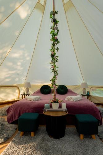 BălanGreen Garden Glamping Retezat的帐篷内一间卧室,配有一张床
