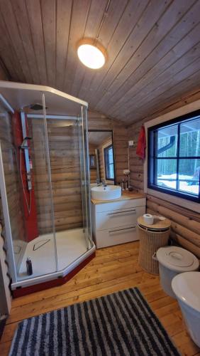 埃斯波Hirsimökki kansallispuistossa的带淋浴、卫生间和盥洗盆的浴室