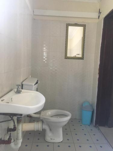 布兰太尔Villa Ntowe Lodge的一间带水槽、卫生间和镜子的浴室
