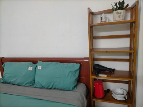 岘港TN's House的一张带两个绿色枕头的床和书架