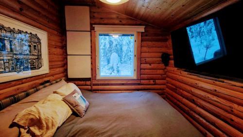 埃斯波Hirsimökki kansallispuistossa的小木屋内一间卧室,配有一张床和一台电视