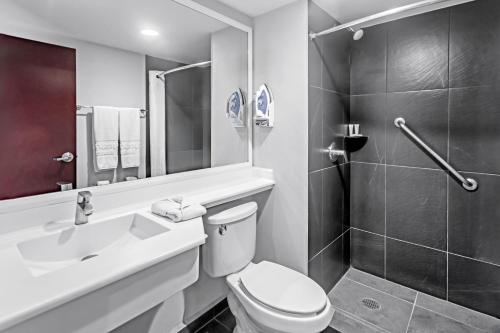 莱昂莱昂城市快捷酒店的浴室配有卫生间、盥洗盆和淋浴。