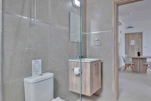 尼科西亚Phaedrus Living: City Center Residences Emerald的一间带卫生间和玻璃淋浴间的浴室