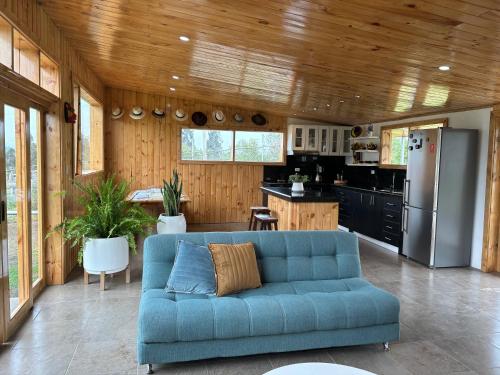 拉塔昆加Country home with grill的客厅设有蓝色沙发,厨房设有