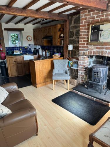 Llanrhaeadr-ym-MochnantAnnie’s Cottage的厨房以及带砖砌壁炉的客厅。