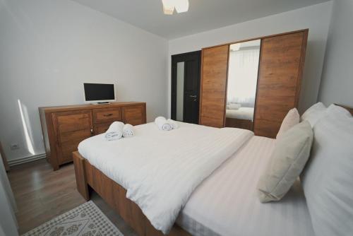 苏恰瓦Luxury Apartament Ultracentral of Suceava Esplanada的一间卧室配有两张白色的床和电视