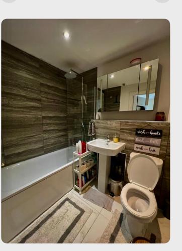 伦敦Quaint and Serene Single room的一间带卫生间和水槽的浴室