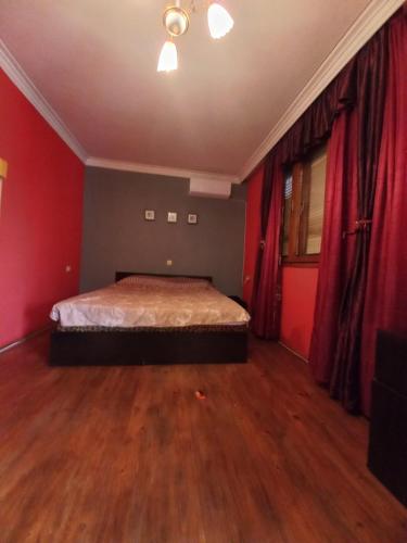 桑丹斯基Къща в село Катунци的一间卧室配有一张红色墙壁和木地板的床