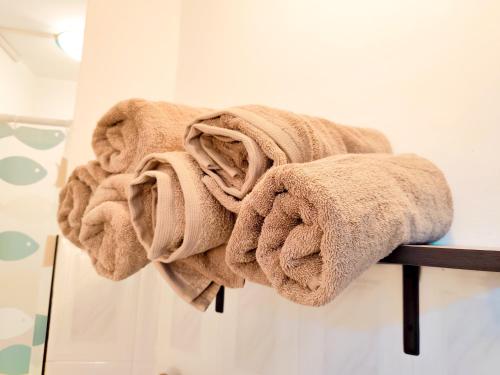 弗利康弗拉克Fibonacci Beachfront Apartment的浴室毛巾架上的一堆毛巾