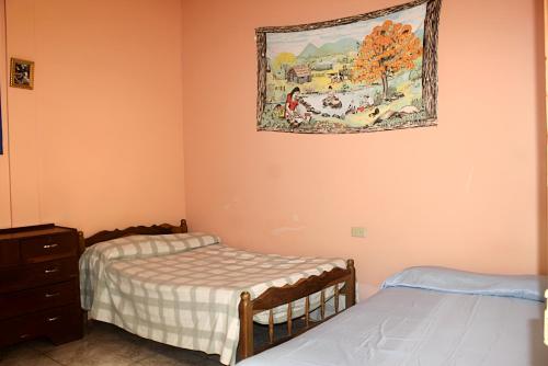 SuchitotoHostal Delmy的一间卧室设有两张床,墙上挂着一幅画
