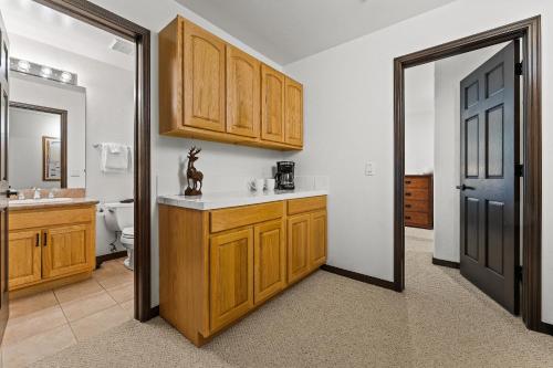 Mid Vail4501 Spruce Way的一间带木制橱柜、水槽和卫生间的浴室