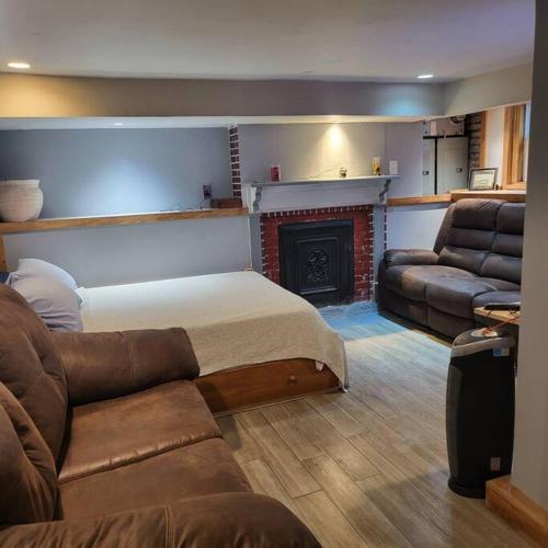 泽西市Jersey City One bedroom apt的客厅设有一张床和一个壁炉
