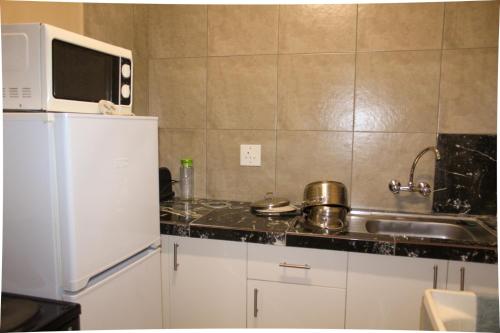 姆巴巴内City Centre Apartment的厨房配有白色冰箱和微波炉