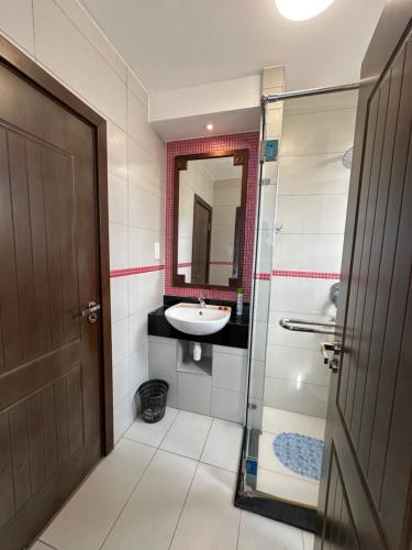 姆特瓦帕Almasi beach house的一间带水槽、淋浴和镜子的浴室