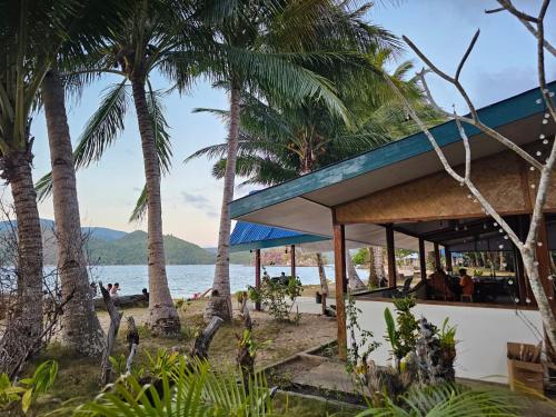 爱妮岛DK2 Resort - Hidden Natural Beach Spot - Direct Tours & Fast Internet的棕榈树海滩上的一座建筑