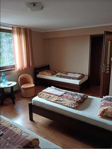 RadomierzAntonówka pod Dudziarzem的一间卧室配有两张床、一张桌子和一张桌子。