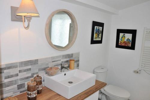 佩罗斯-吉雷克Maison de charme 3 étoiles avec jardin clos terrasse PERROS-GUIREC - ref 869的一间带水槽、卫生间和镜子的浴室