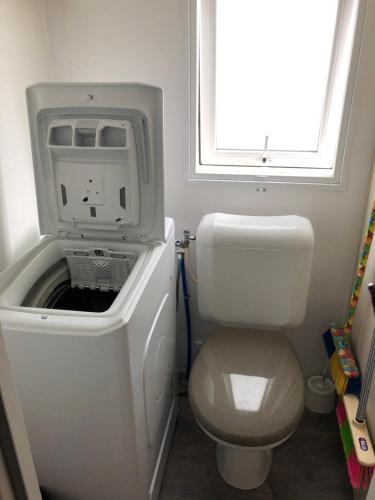 鲁西隆地区卡内CANET Plage Mobil Home Nicky的白色的浴室设有卫生间和窗户。
